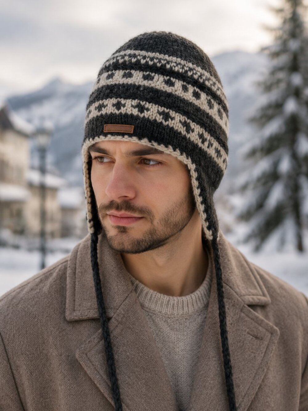 ALMA Charcoal Knit Earflap Beanie Hat with Fleece Lining